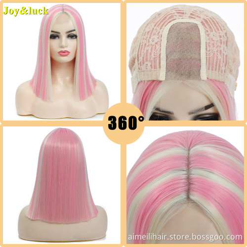 Piano Wig Straight Front Lace for Women Cosplay Wholesale Ladies Pink Highlight Blonde Short Bob Lace Front Synthetic Hair Wigs